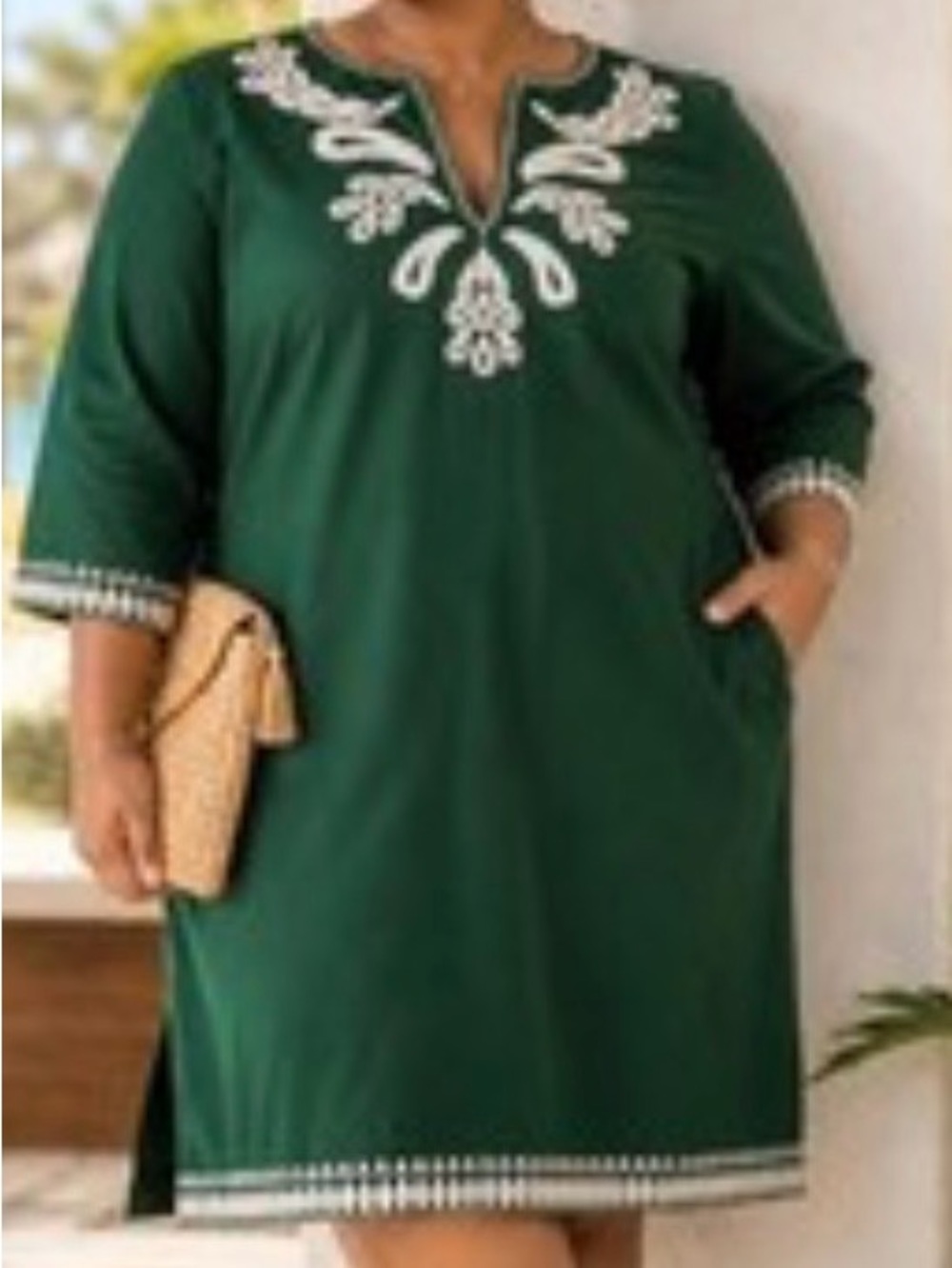 Tuckernuck Emerald Green Migueina Midi Shift Dress w/white embroidery. Sz XL
